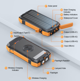 New Product Large Capacity 20000mAh 3 USB C Flashlight Ip67 Waterproof High-speed Wireless Charger Solar Power Bank