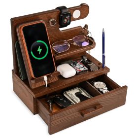 Wood Phone Docking Station with Drawer Brown COlor Nightstand Organizer Desk Organizer for Husband Birthday Gifts for Men or Dad Idea for Anniver