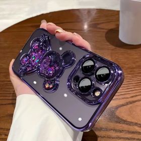 Phone Case Applicable To IPhone 14 Transparent Electroplating Three-dimensional Quicksand Violence Bear Mobile Phone Shell Apple 13 Lens Film 12 (Color: Pink, Phone Model: iPhone 14)