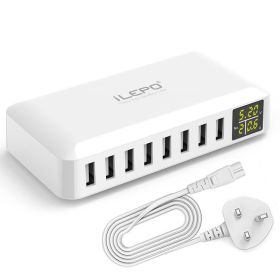 8 Port USB Charger 8A 40W Desktop Charging Station Hub with Quick Charge 3.0 USB Port & LCD Display Compatible to Different Devices (Plug: UK Plug)