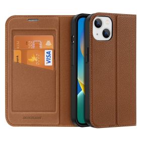 Apply to iPhone 14 Pro litchi pattern mobile phone case private model new product Apple 14 double card bag flip case wholesale (Applicable model: iPhone 14 Plus, colour: brown)