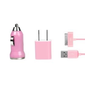 32pin USB Car Charger USB Wall Charger USB Cable Compatible with iPhone4/4S (Color: Pink)